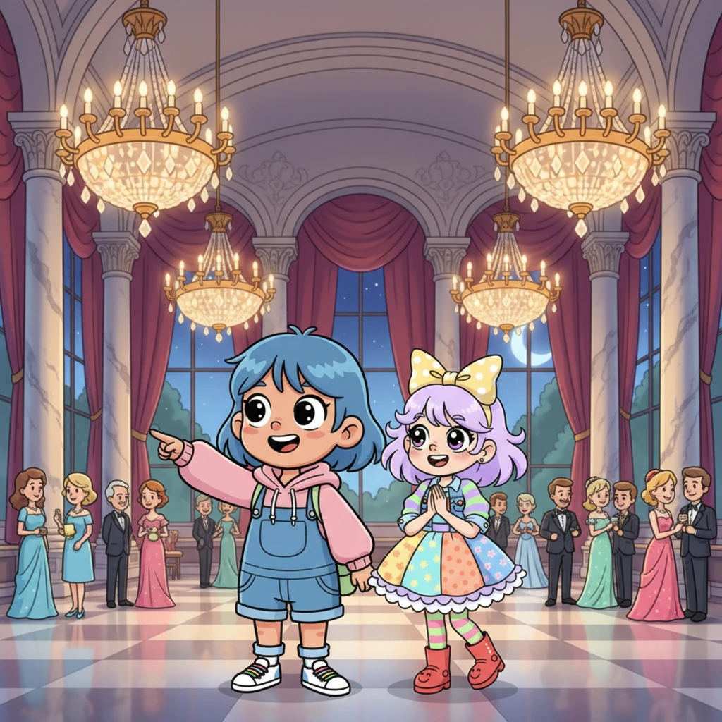 Arriving at the magnificent gala venue, a glittering ballroom filled with important guests, Yuki and Yumi felt a flutter of nerves and excitement. The chandeliers sparkled like captured stars, and the air buzzed with elegant chatter. This was a grand stage, and they were ready to shine.