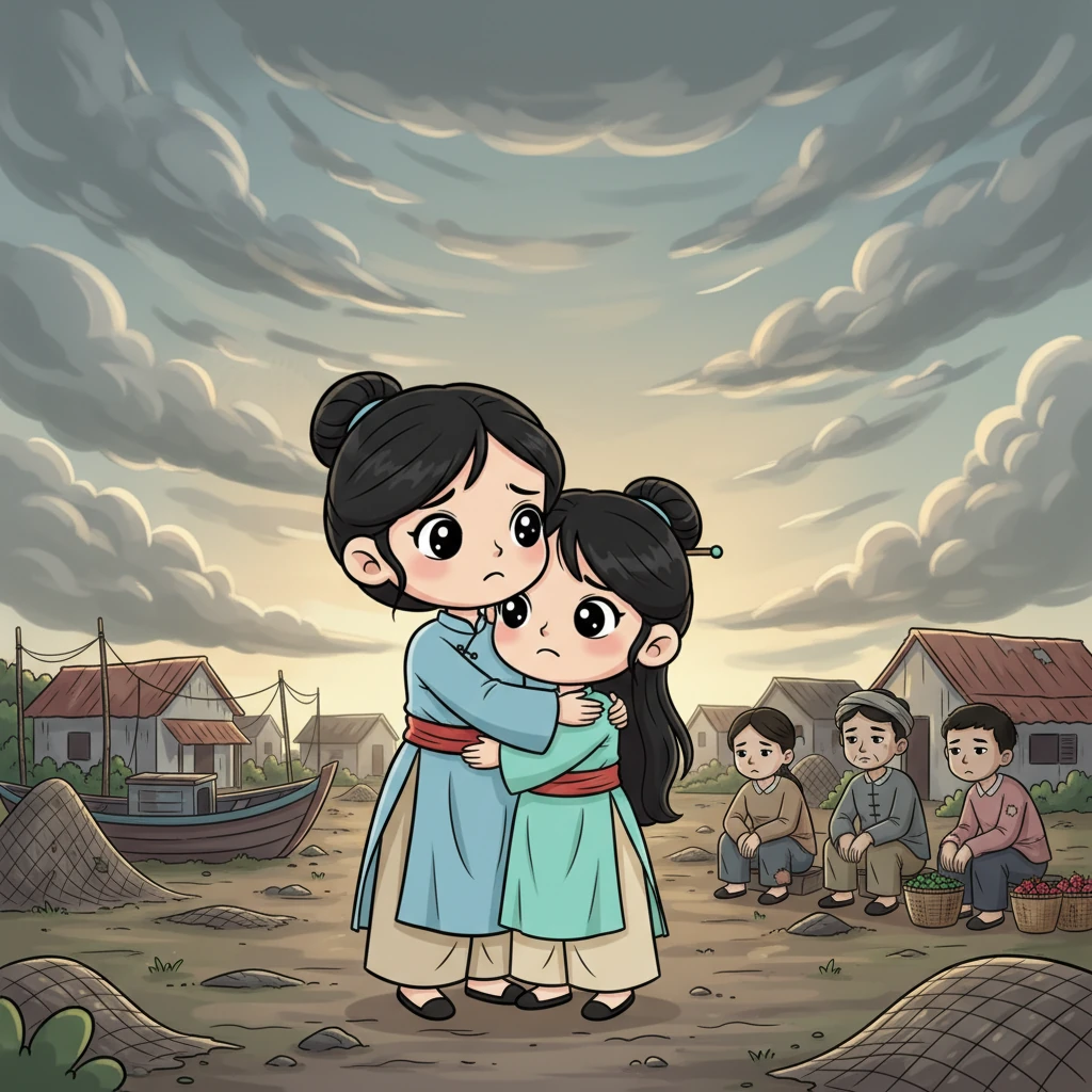 Một buổi chiều, làng chài nhỏ đối mặt với nạn đói do mất mùa và bão lớn. Thị Cách chứng kiến cảnh người dân nghèo khổ, ánh mắt nàng đượm buồn nhưng cũng tràn đầy quyết tâm. Nàng ôm chặt lấy mẹ, thầm hứa sẽ tìm cách giúp đỡ quê hương.