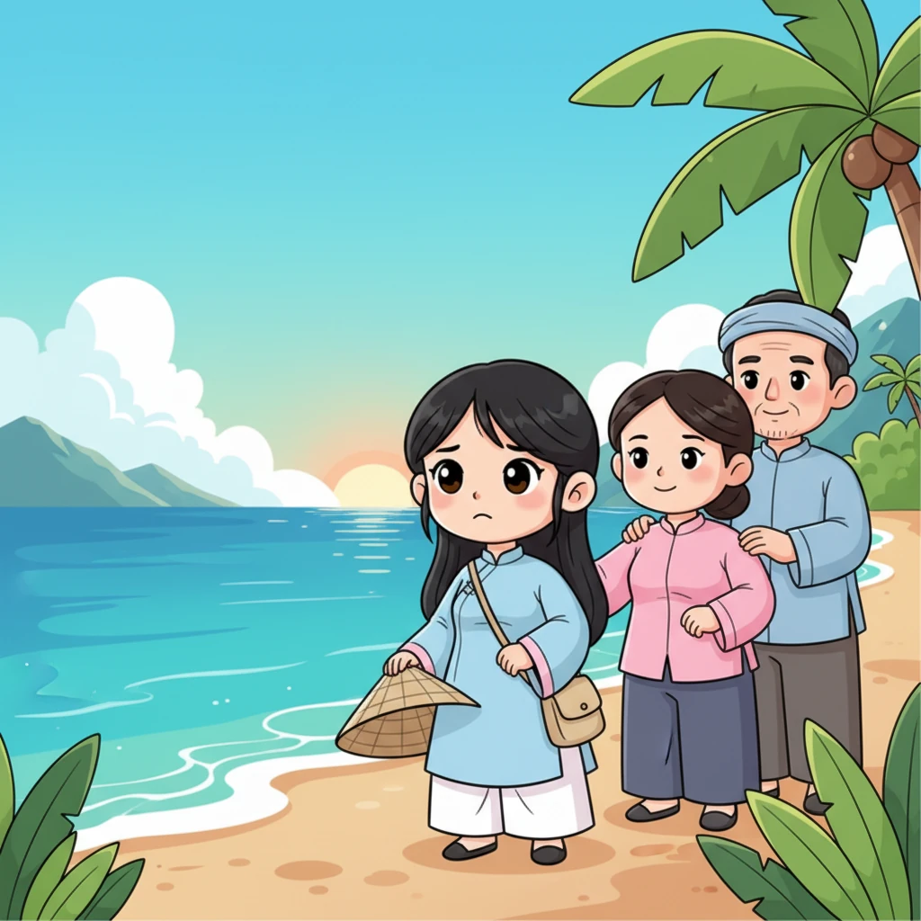 Thị Cách quyết định lên đường tìm kiếm sự giúp đỡ và cơ hội mới cho làng. Nàng khoác lên mình bộ áo bà ba giản dị, mang theo chiếc túi vải nhỏ và lời dặn dò của cha mẹ. Lòng nàng vừa bồn chồn vừa kiên định, ánh mắt hướng về phía biển cả bao la.