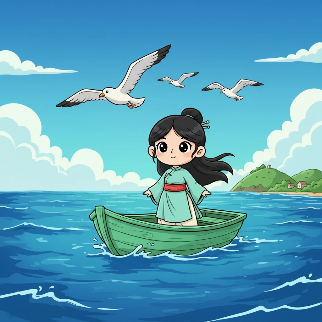 Một chiếc thuyền gỗ nhỏ, sơn màu xanh ngọc, nhẹ nhàng lướt trên sóng biển Đông bao la. Thị Cách đứng ở mũi thuyền, mái tóc bay trong gió, đôi mắt dõi theo những cánh chim hải âu. Biển xanh thẳm ôm lấy con thuyền, đưa nàng rời xa quê hương Bình Định yêu dấu.