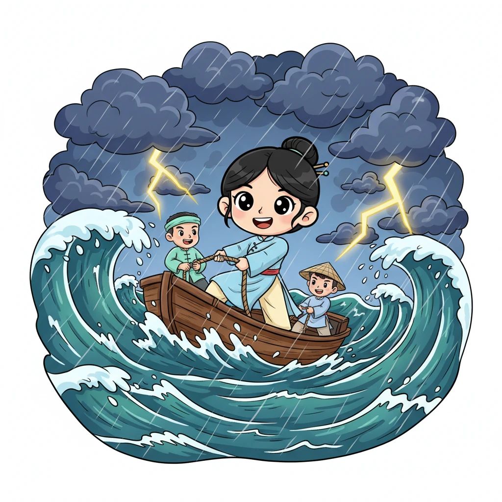 Giữa biển khơi mênh mông, một cơn giông bất chợt ập đến. Sóng lớn đánh vào mạn thuyền, nhưng Thị Cách không hề nao núng. Nàng cùng những người thủy thủ khác nắm chặt dây, cùng nhau vượt qua thử thách, ánh mắt rạng ngời niềm tin và sự kiên cường.