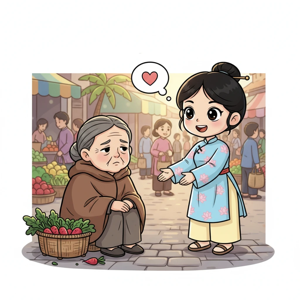 Tại chợ, Thị Cách nhìn thấy một cụ già neo đơn đang ngồi co ro, vẻ mặt buồn bã vì không bán được gánh rau. Lòng trắc ẩn trỗi dậy, Thị Cách tiến lại gần, hỏi han ân cần và quyết định giúp cụ bán rau. Nụ cười hiền hậu của nàng sưởi ấm cả góc chợ.