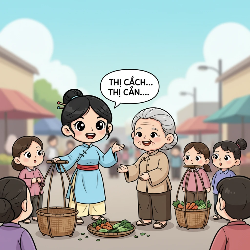 Với sự khéo léo và giọng nói ngọt ngào, Thị Cách nhanh chóng thu hút sự chú ý của mọi người. Nàng kể về những món ăn ngon từ rau của cụ, khiến gánh rau nhanh chóng vơi đi. Cụ già nở nụ cười hạnh phúc, tay nắm lấy tay Thị Cách đầy biết ơn.