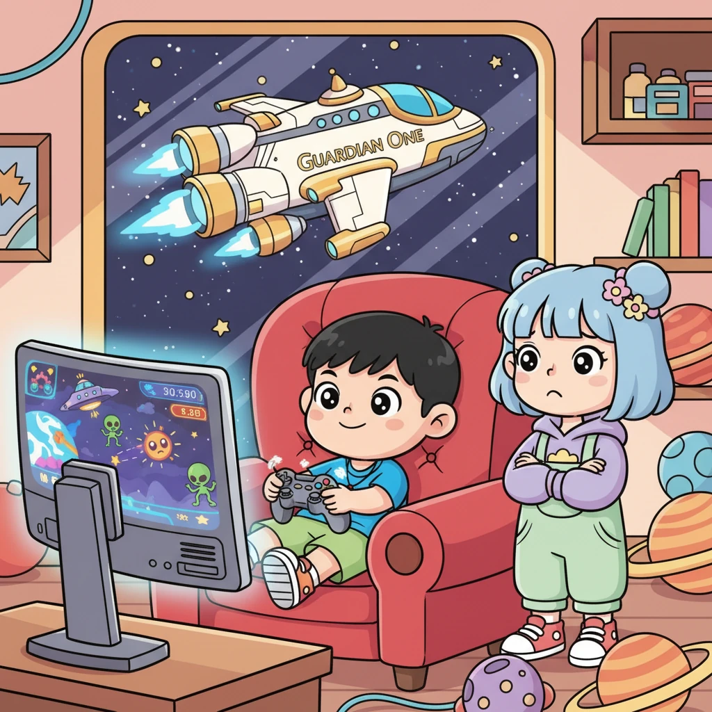 小思懒洋洋地坐在舒适的椅子上，眼睛紧盯着屏幕，手指飞快地在游戏手柄上舞动。他的朋友米雪站在一旁，无奈地摇着头，对小思的懒散感到有些担忧。米雪警告小思，如果宇宙发生危机，他肯定第一个逃跑，但小思毫不在意，自信地认为有“守护号”飞船在，一切都会安然无恙。