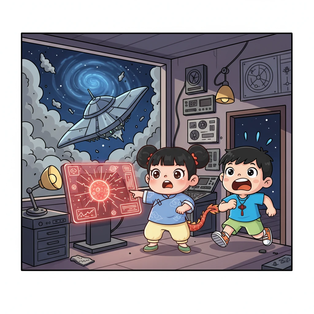 突然，一声震耳欲聋的巨响打破了宁静，一艘巨大的飞船从天而降，扬起漫天尘土。紧接着，小罗惊慌失措地冲进房间，脸色苍白地大喊，报告脉动恒星失控，整个星系都陷入了巨大的危险之中。小思呆住了，刚才的自信瞬间消失，手指也开始微微颤抖。