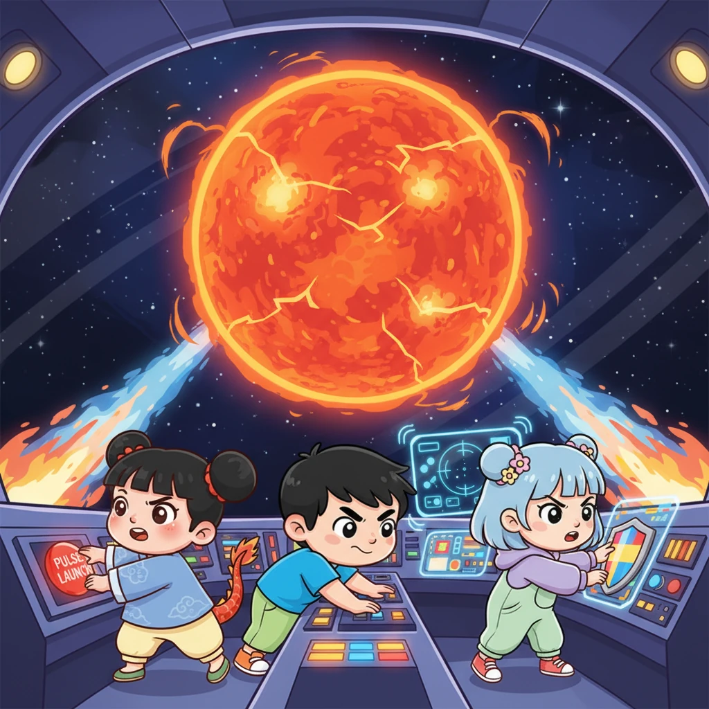 随着备用能源的重新分配，“守护号”飞船发出一声强大的咆哮，引擎爆发出前所未有的力量，加速冲向那颗即将爆炸的失控恒星。他们必须争分夺秒，在恒星核心彻底爆炸之前，成功发射稳定脉冲。小罗紧张地负责精准定位目标，米雪则全神贯注地操作防御系统，三人之间的配合默契无间。