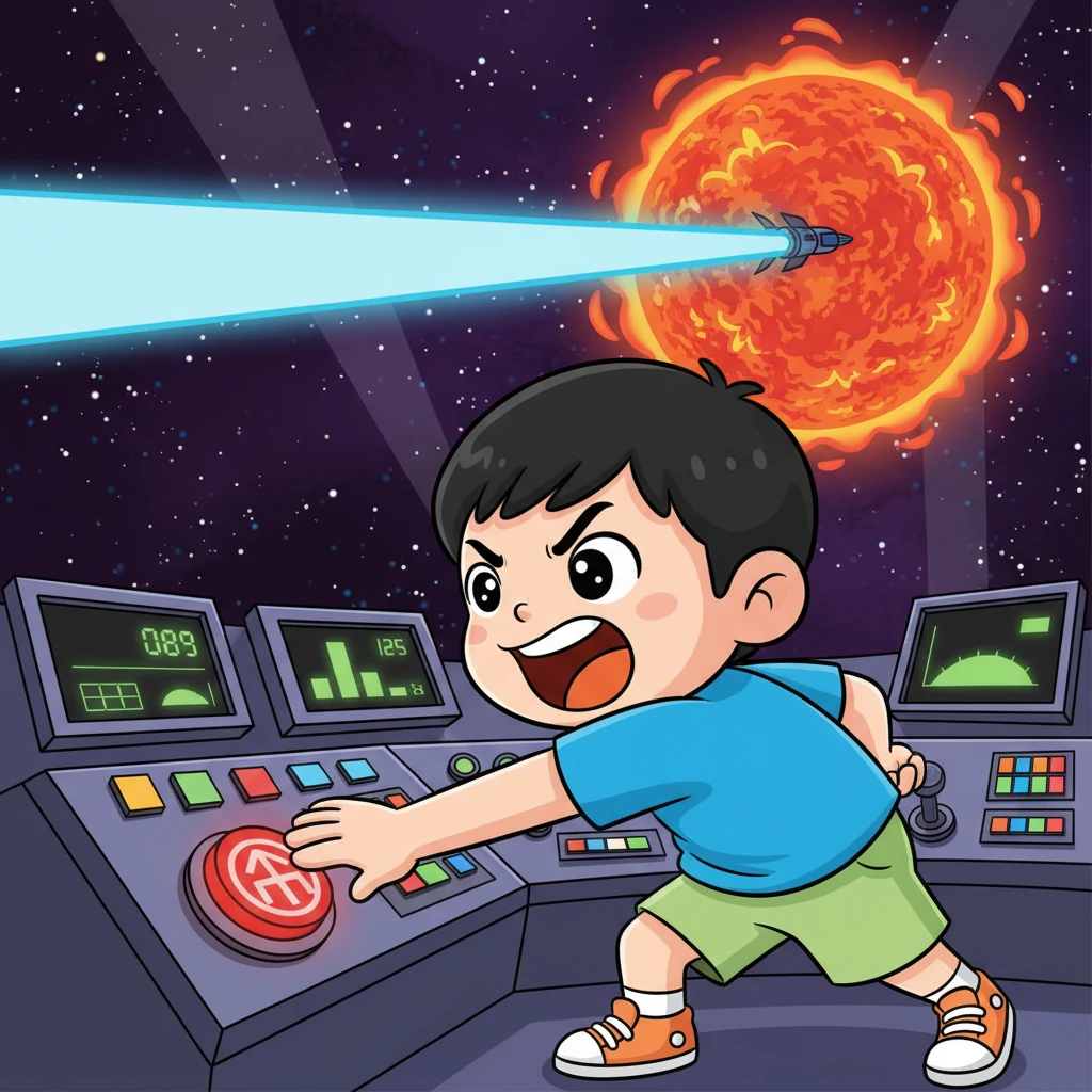 “目标锁定，发射！”小思大声喊道，并用尽全力按下了那个关键的发射按钮。一道耀眼的湛蓝色光束瞬间划破了宇宙的黑暗，精准无误地击中了失控恒星的核心。随着强烈的光芒逐渐消散，屏幕上那疯狂跳动的能量指数终于奇迹般地慢慢稳定并下降，危机成功解除。