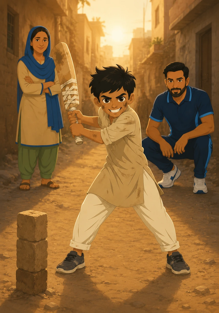 In a narrow, dusty alleyway, young Bilal grips his heavily taped wooden bat with fierce determination. The golden evening light catches the dust motes dancing around him as he prepares for the next ball, his eyes locked on an invisible bowler.