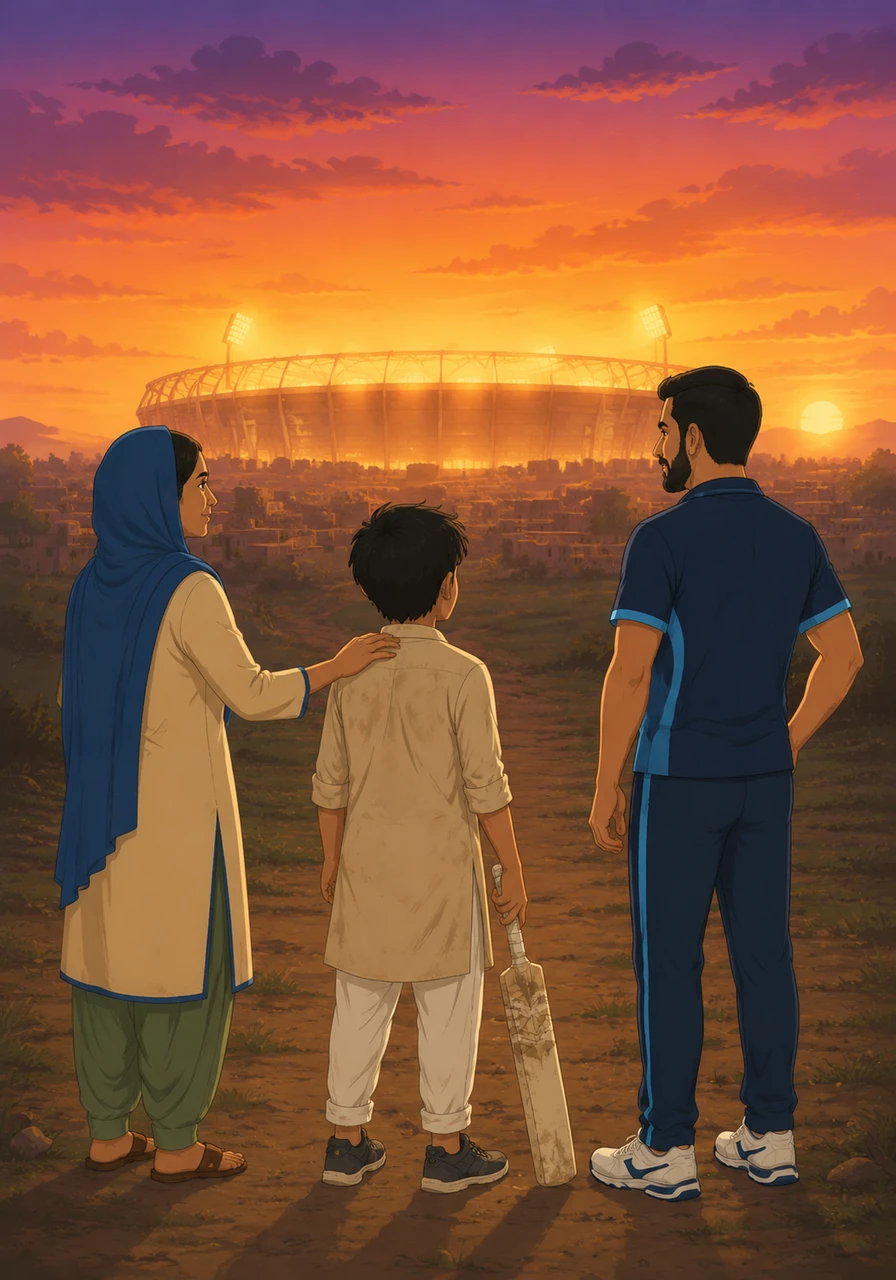 As the sun sets, painting the sky in hues of orange and purple, Bilal gazes toward the distant horizon. The faint, glowing silhouette of a massive cricket stadium rises in the background, mirroring the giant dream living in his heart.