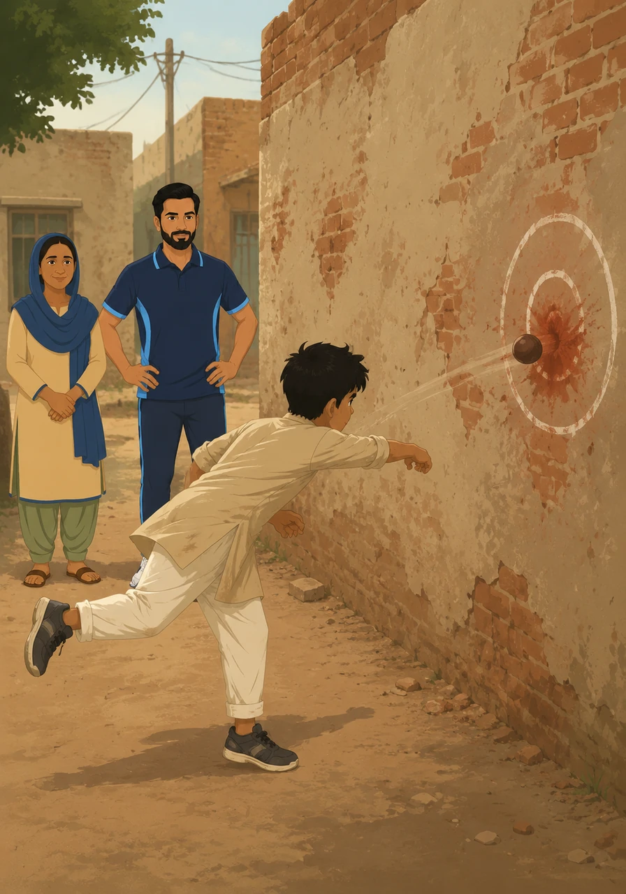 Bilal practices his bowling against a weathered brick wall, aiming for a small chalk-drawn target with a worn-out ball. Each time the ball strikes the wall, a small puff of red dust explodes, marking his tireless progress in the quiet street.