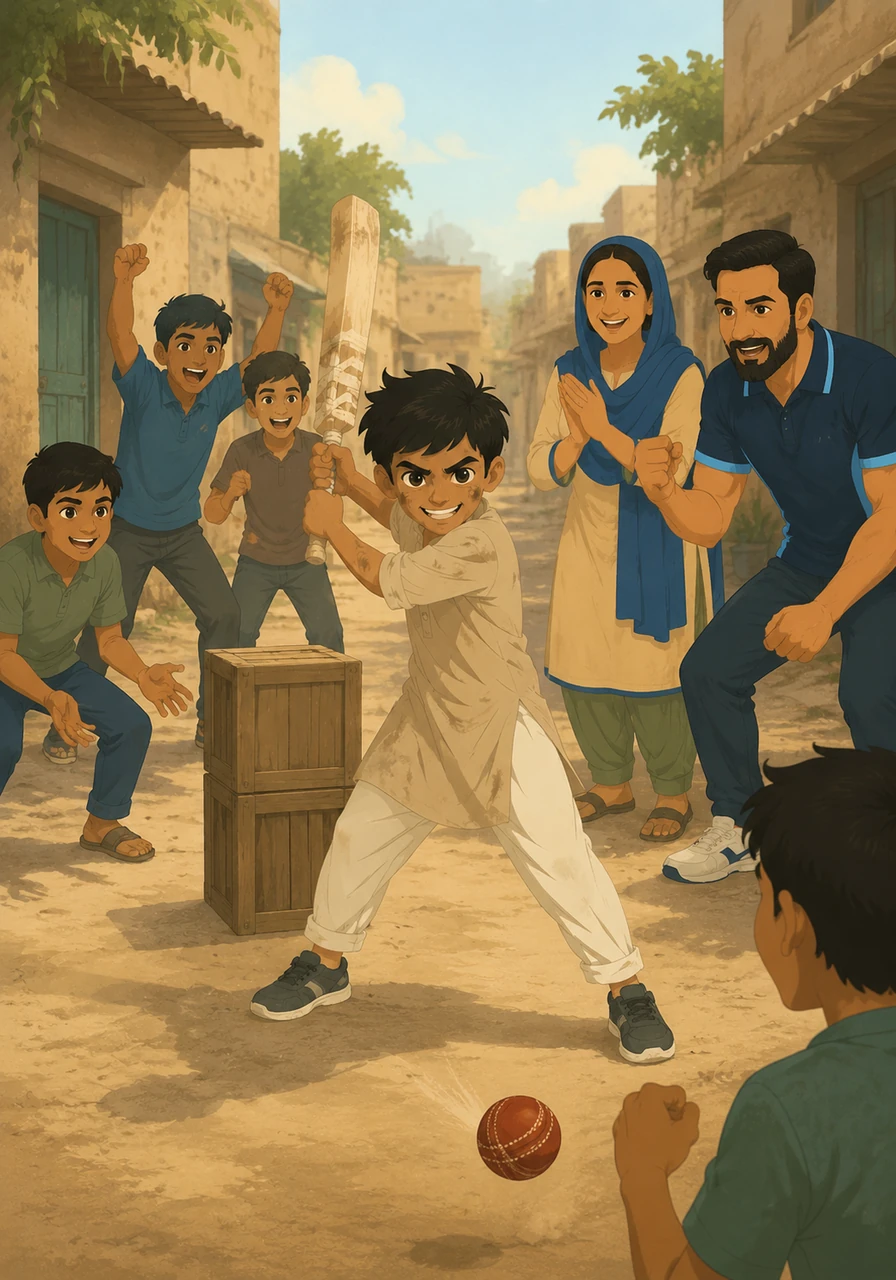 His friends gather around, using old wooden crates as makeshift wickets and cheering with every run he scores. The humble alley transforms into a vibrant arena filled with laughter and the raw energy of a championship match.