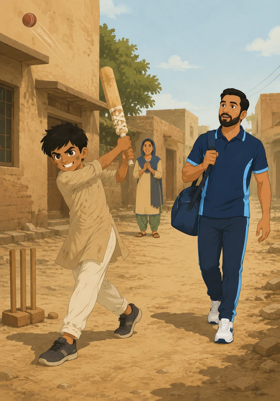 A local cricket coach, walking through the neighborhood, stops in his tracks as he witnesses Bilal hit a perfect, powerful shot. The boy’s natural grace and strength stand out vividly against the backdrop of the rugged, textured street.