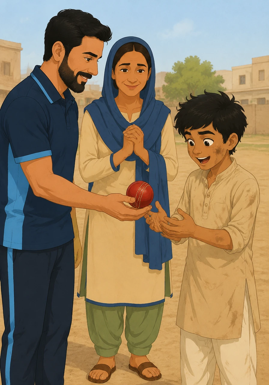 The coach approaches Bilal and hands him a brand-new, professional leather cricket ball with bright red stitching. Bilal stares at the gift in stunned silence, his face lighting up with a mixture of shock and pure, unadulterated joy.