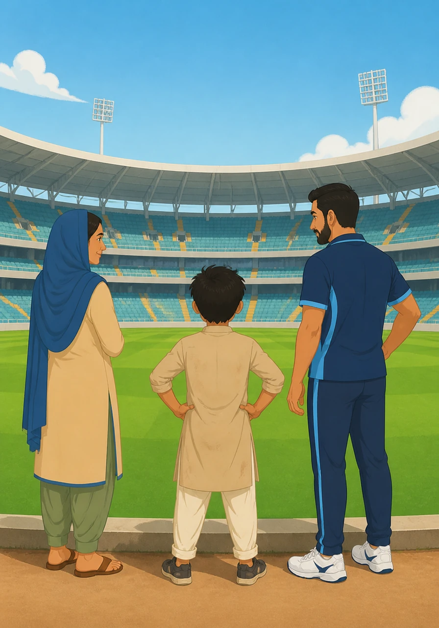 Bilal stands at the edge of the massive stadium’s emerald green field, feeling small but incredibly inspired. The towering stands and the perfect grass are no longer just a distant dream; they are finally beneath his feet in the bright daylight.