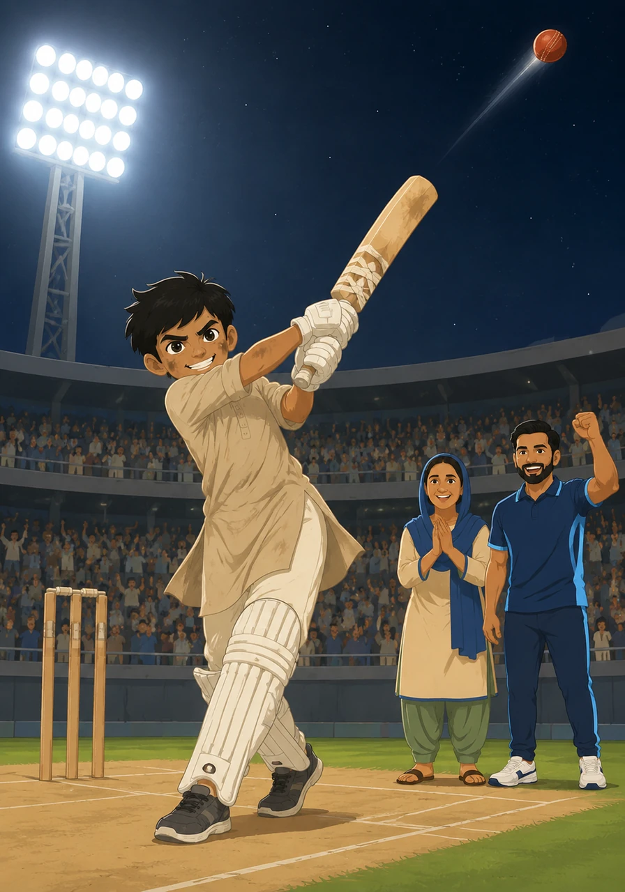 Under the brilliant, white glare of the stadium floodlights, Bilal takes his stance before a roaring crowd. He swings his new bat with the same passion he had in the alley, sending the ball soaring high into the dark night sky.