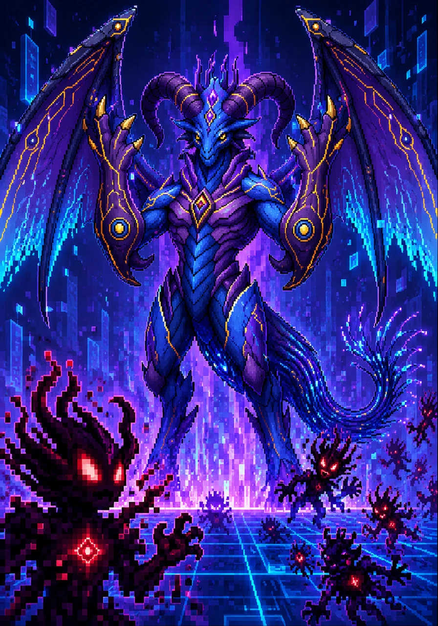 Deep within the neon-lit grid of the Cyber Cosmos, a legendary alien lord named Aegicorn awakens from a thousand-year slumber. Its massive, dragon-like body glows with vibrant shades of blue and purple as data streams pulse beneath its sleek skin. Raising its powerful, goat-horn-shaped arms, it senses a strange disruption in the digital equilibrium.