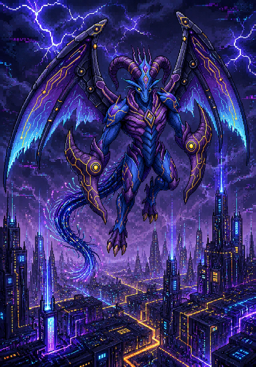 Aegicorn glides majestically over a sprawling metropolis built entirely of glowing circuit boards and towering fiber-optic spires. The cybernetic sky crackles with static electricity as the legendary beast searches for the source of the glitch. Its piercing yellow eyes pierce through the digital fog, scanning the geometric landscape below.