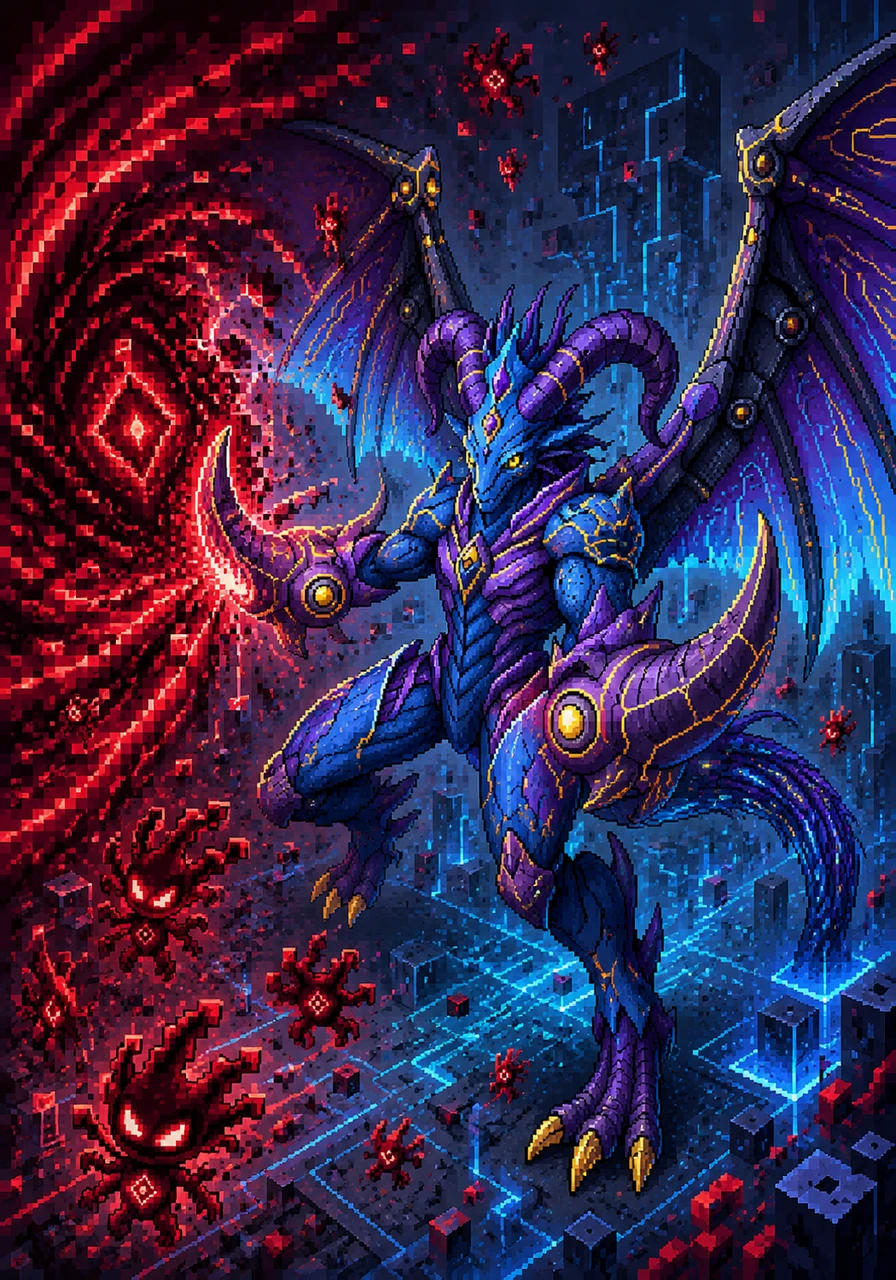Suddenly, a rogue data storm erupts, swirling with unstable red code and threatening to tear the network apart. Aegicorn charges forward, using its massive cybernetic wings to stabilize the turbulent winds of data. With a heavy swing of its unique horn-shaped arms, it redirects the chaotic energy away from vulnerable sectors.