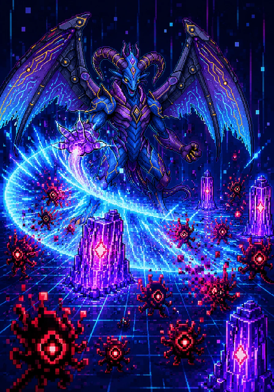 The rogue code condenses into a swarm of glitch-sprites, erratic little pixel creatures that begin nibbling at the core memory towers. Aegicorn lets out a silent, digital roar that sends a shockwave of pure, localized energy across the grid. The wave instantly recalibrates the sprites, turning them back into harmless, floating pixels.