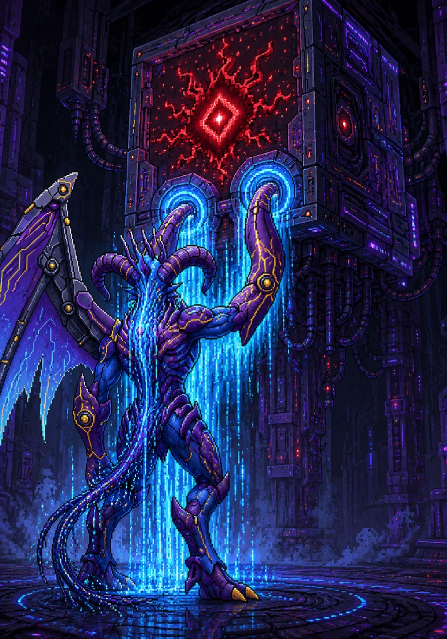 To permanently heal the sector, Aegicorn must interface directly with the Central Matrix, a giant floating cube of pure processing power. The alien lord plugs its horn-shaped arms into the main terminal, initiating a massive data transfer. Bright blue light cascades down its body as it purges the remaining corruption from the system.