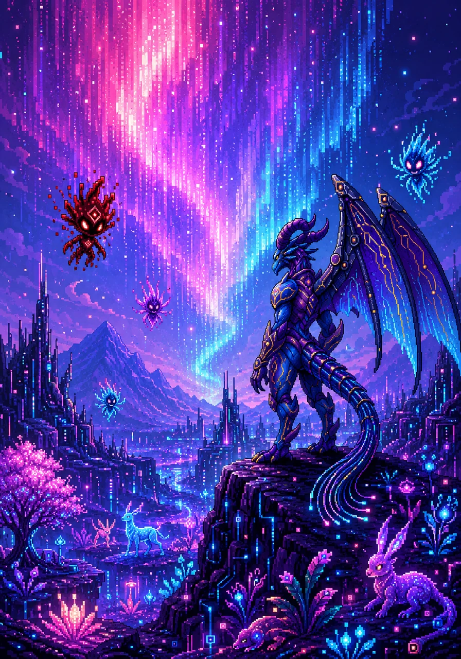 As the system reboots, a beautiful aurora of pink, purple, and blue code washes over the cybernetic horizon. The digital flora and fauna begin to thrive once more, glowing happily in the restored environment. Aegicorn watches peacefully from a high data ridge, its long tail flickering like a fiber-optic cable.