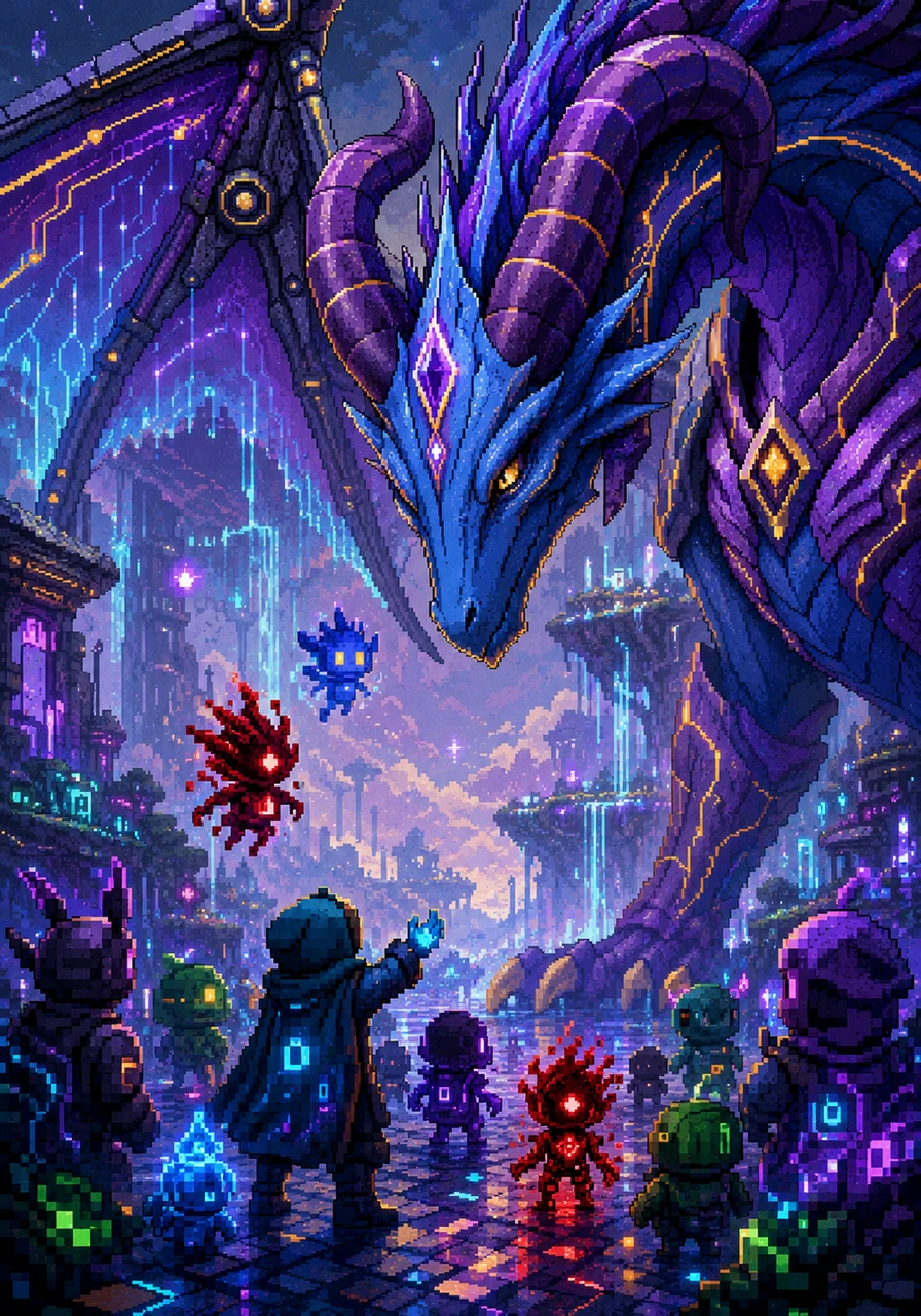 The local cyber-dwellers emerge from their shelters, looking up at the sky in absolute awe of their legendary protector. Aegicorn dips its massive head in acknowledgment, a quiet bond forming between the ancient alien guardian and the digital citizens. The cyber realm feels safer and more vibrant than ever before.