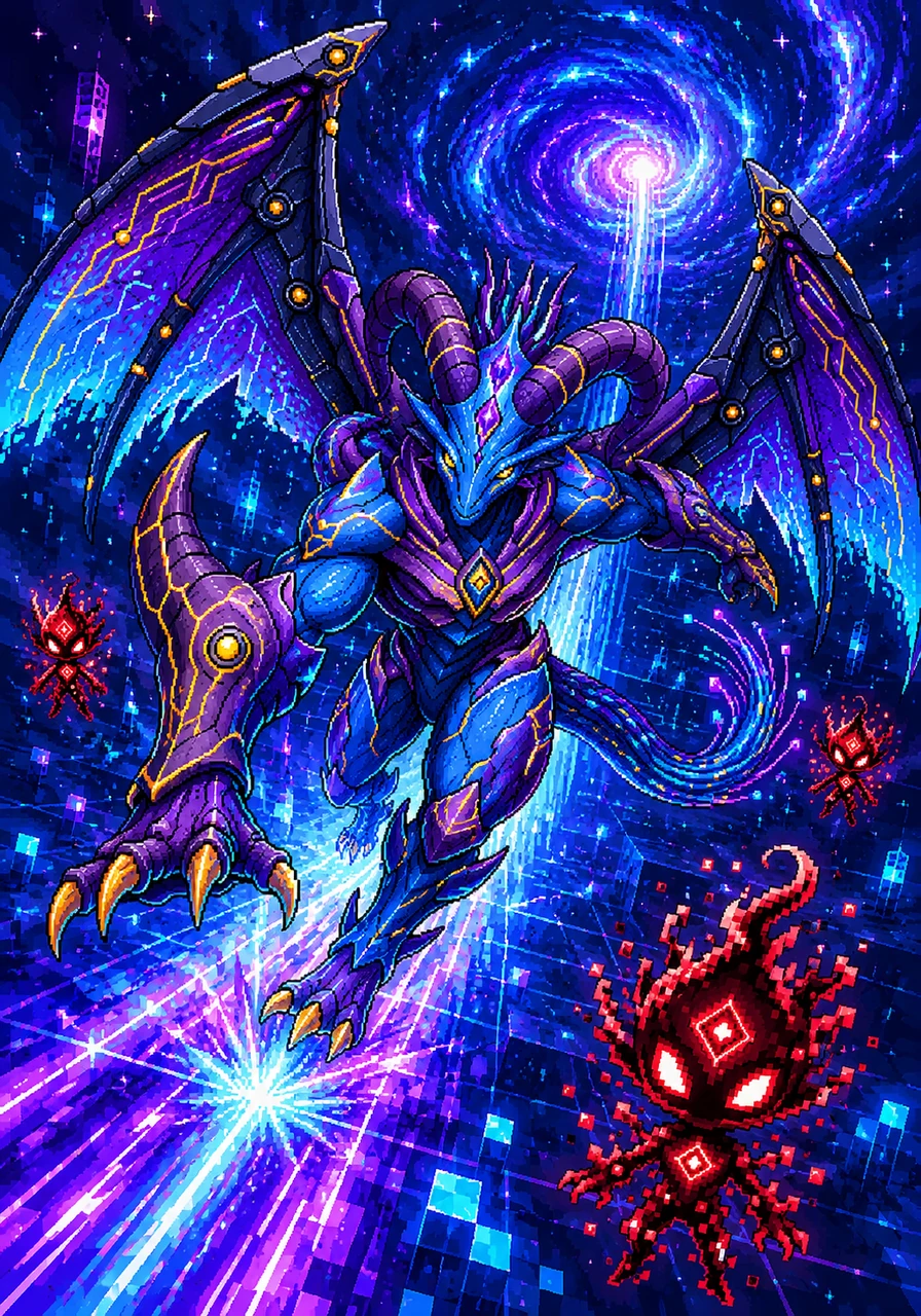 With its mission in this sector complete, Aegicorn prepares to leap back into the infinite streams of the network to patrol other dimensions. It gathers momentum on a runway of solid light, its sleek 2D lines cutting perfectly through the cybernetic atmosphere. With one powerful thrust, it launches itself into the deep, starry data sea.