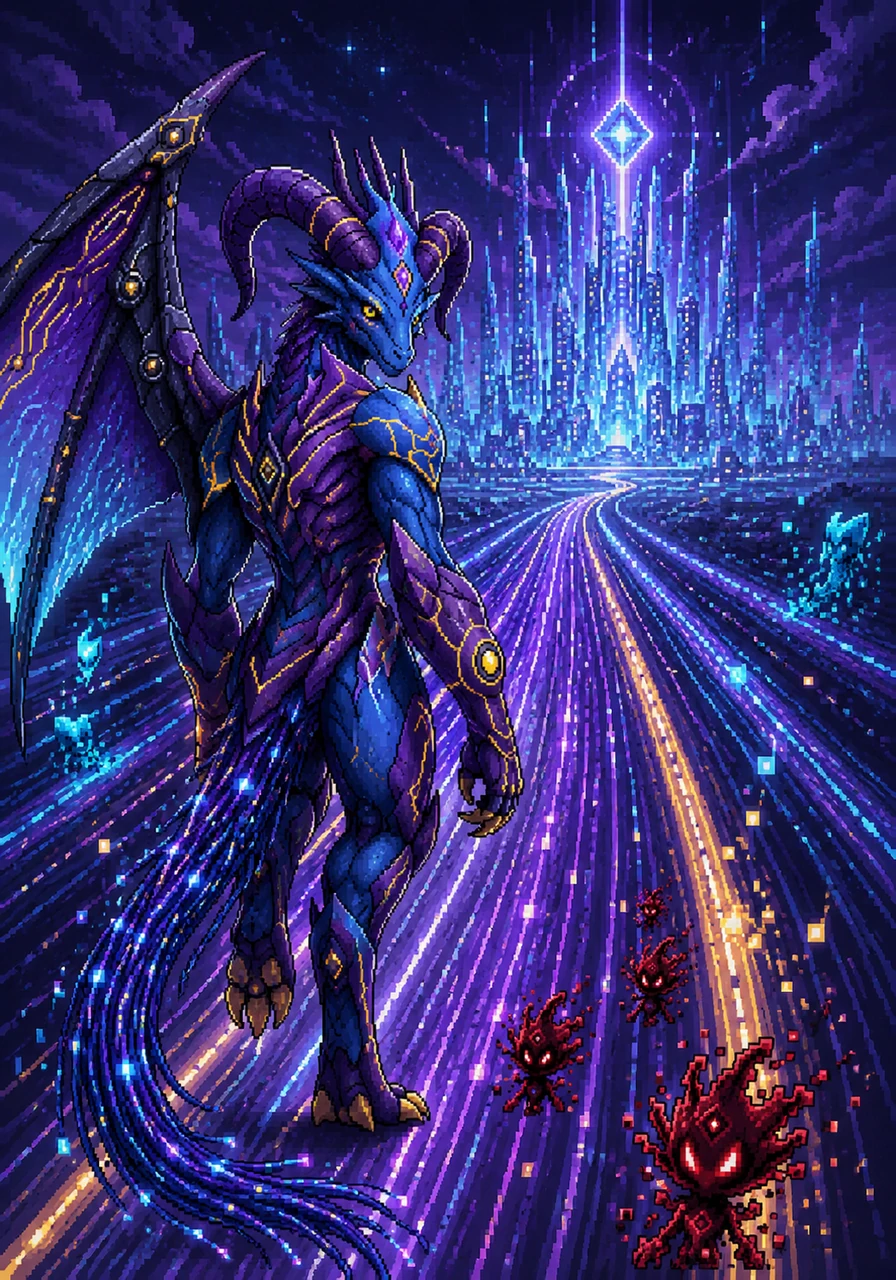 As it travels through a high-speed data highway, Aegicorn looks back at the sparkling metropolis it just saved, now a shining beacon of harmony. The legendary lord knows that its vigilance is the only thing keeping the digital universe safe from chaos. It carries the gratitude of the grid within its glowing core.