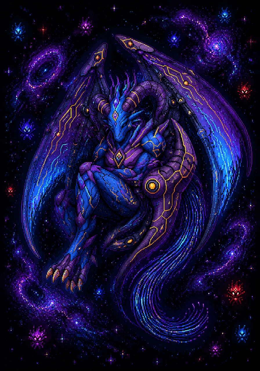 Floating peacefully in the quietest sector of the deep cyber cosmos, Aegicorn curls up among the drifting digital constellations. Its glowing blue and purple armor dims to a soft, rhythmic pulse as it settles into a watchful rest. The legendary cyber lord remains ever ready to defend its neon kingdom at a moment's notice.