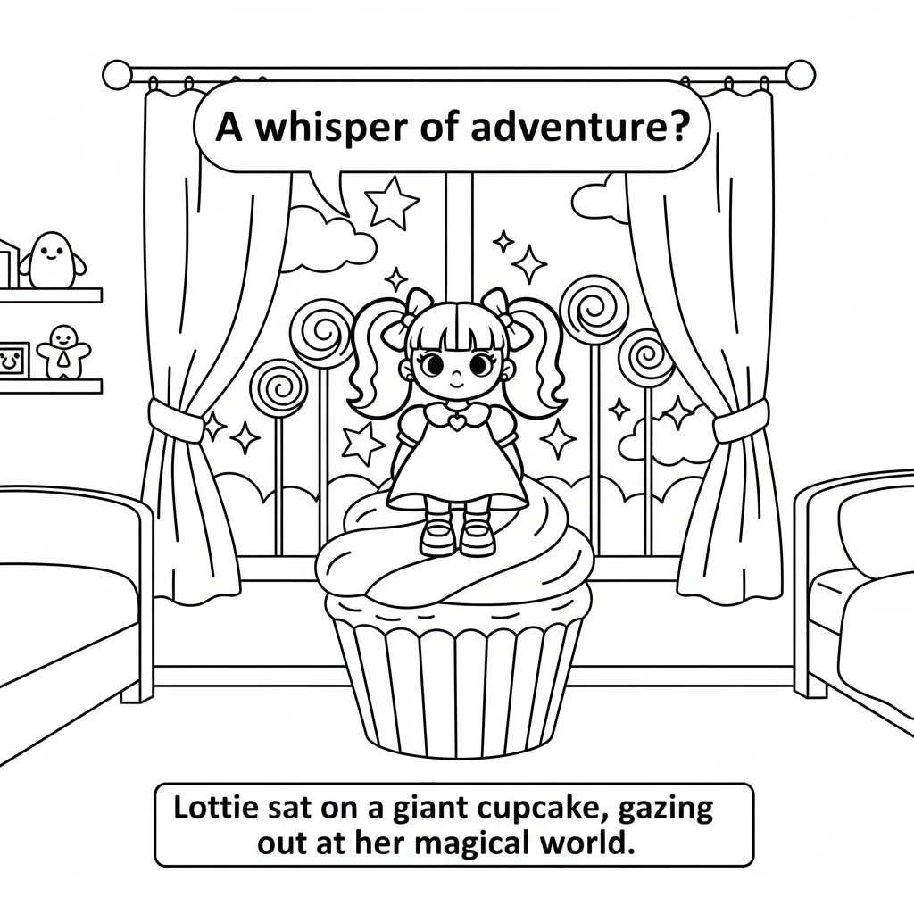 Lottie sat on a giant cupcake in her sweet, cozy room, gazing out the window at the twinkling night. She loved her world, filled with candy clouds and