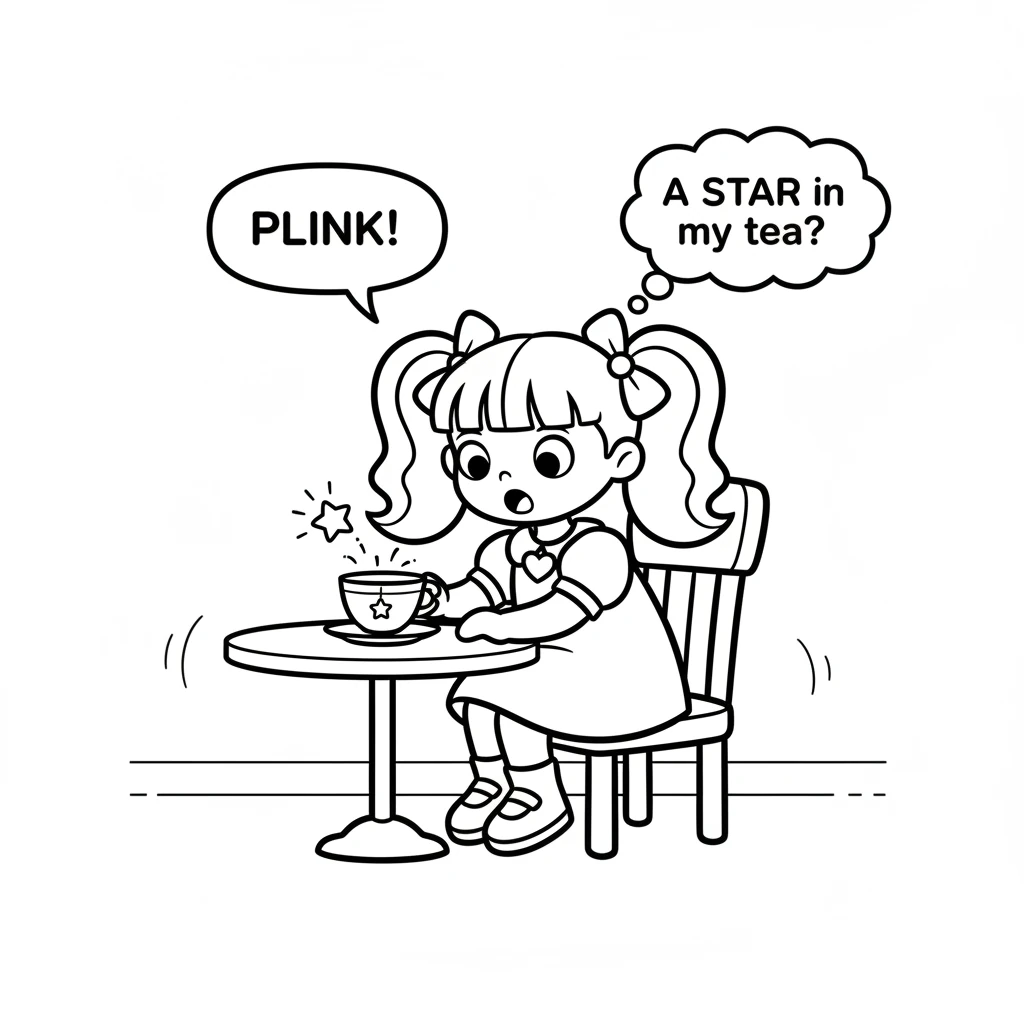 Suddenly, a tiny, shimmering star tumbled right into her teacup, making a soft plink sound. Lottie gasped, her eyes wide with wonder and a sprinkle of