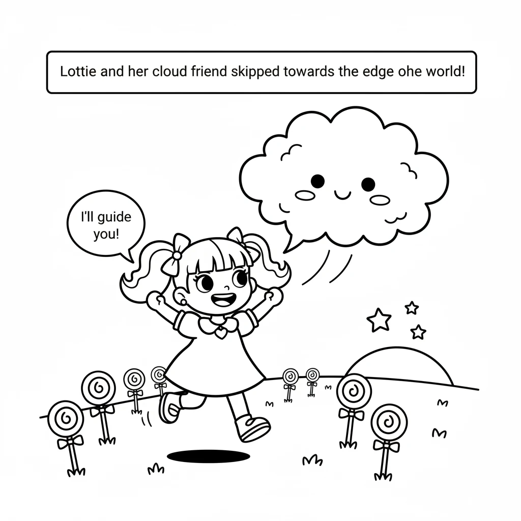 As Lottie stepped outside, a fluffy cloud creature with a friendly smile floated down to greet her. The cloud offered to be her guide through the whim