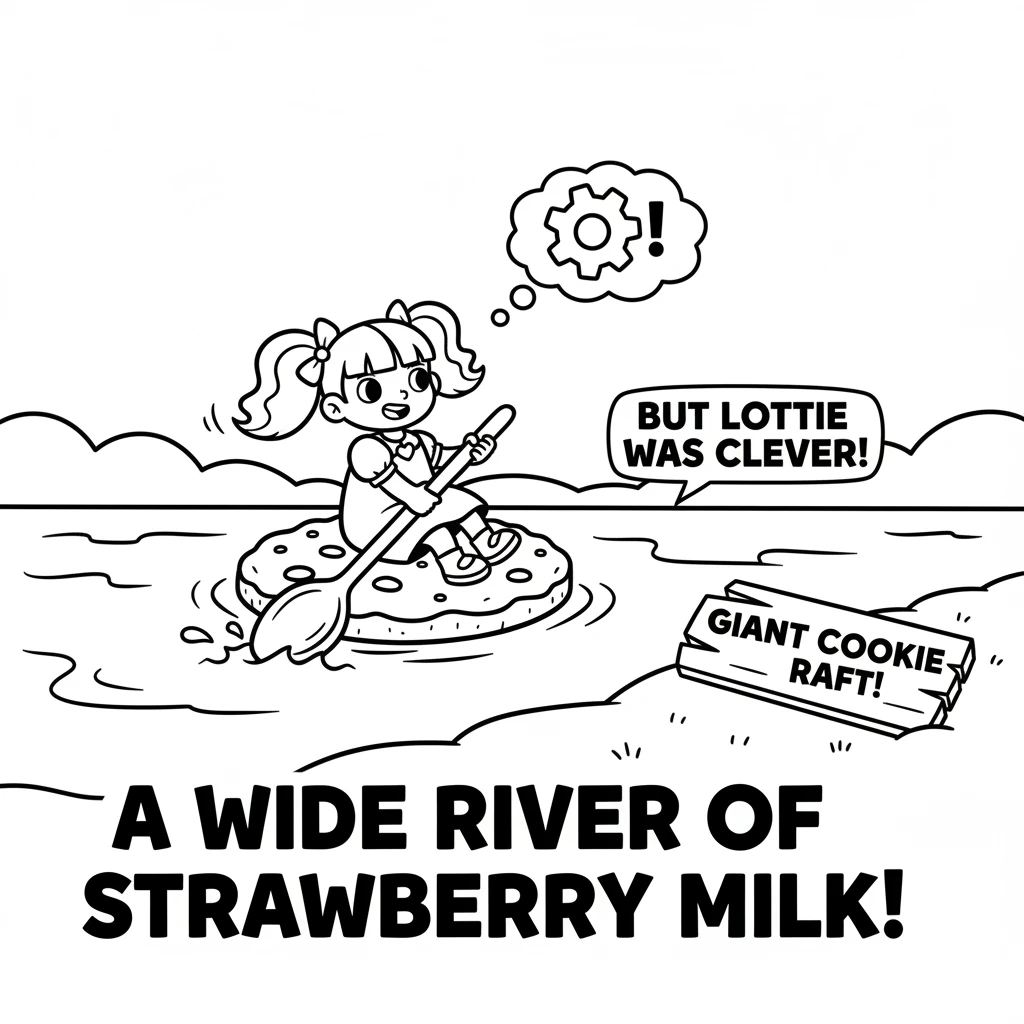 They soon reached a wide river of glistening strawberry milk, too big to jump across. But Lottie was clever! She found a giant cookie, perfect for flo