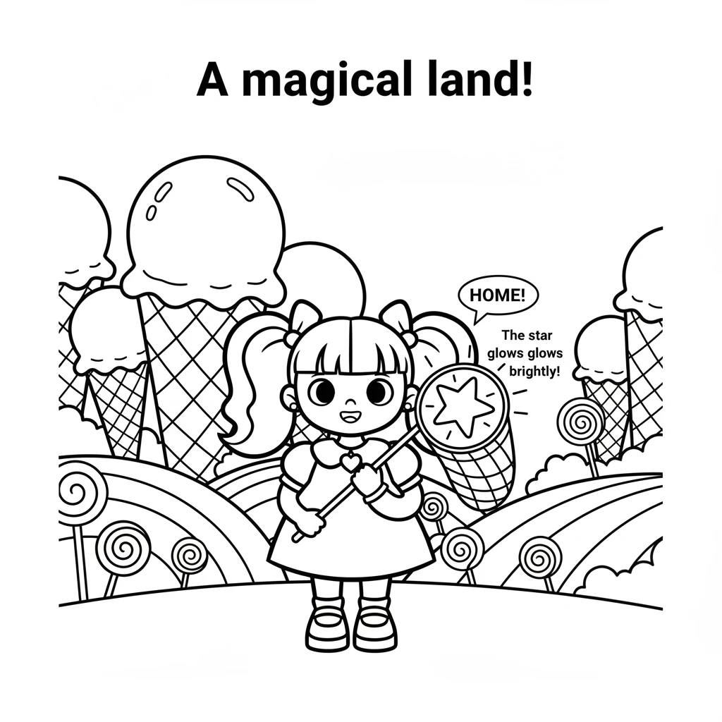 On the other side, a breathtaking land of towering ice cream cones and swirling candy mountains stretched before them. The little star in Lottie's net