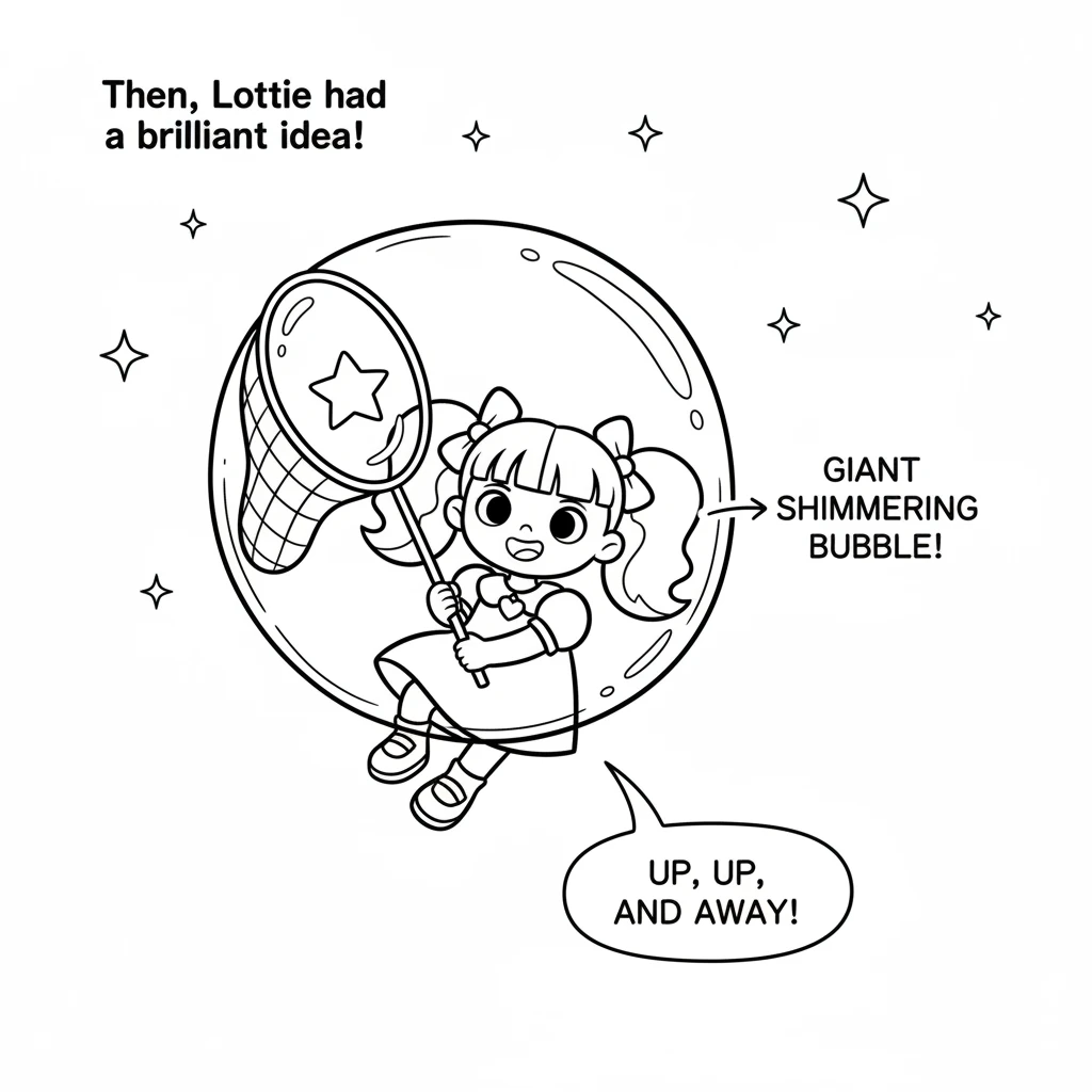Then, Lottie had a brilliant idea! She spotted a giant, shimmering bubble floating by and quickly caught it with her net. Gently, the bubble lifted he