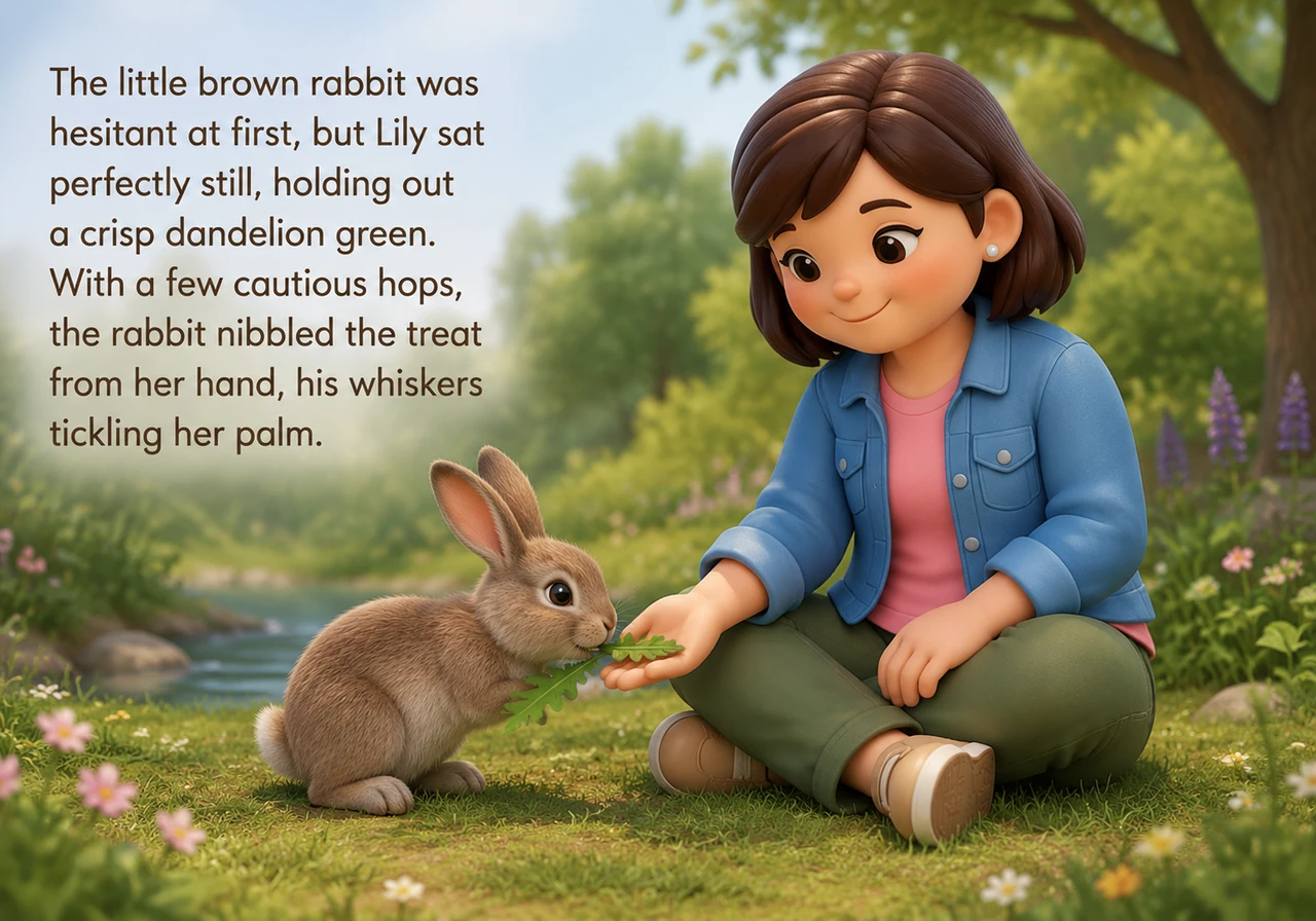 The little brown rabbit was hesitant at first, but Lily sat perfectly still, holding out a crisp dandelion green. With a few cautious hops, the rabbit