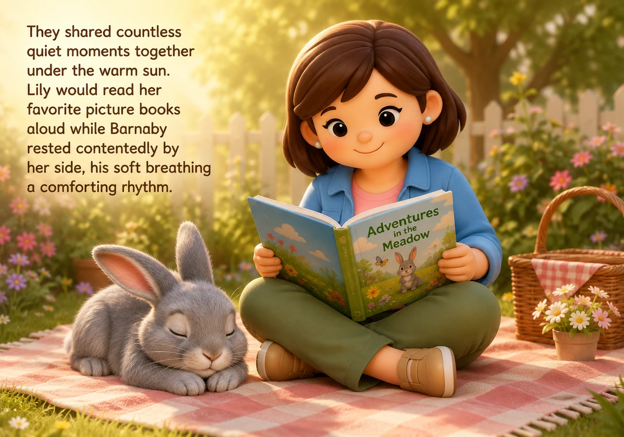 They shared countless quiet moments together under the warm sun. Lily would read her favorite picture books aloud while Barnaby rested contentedly by