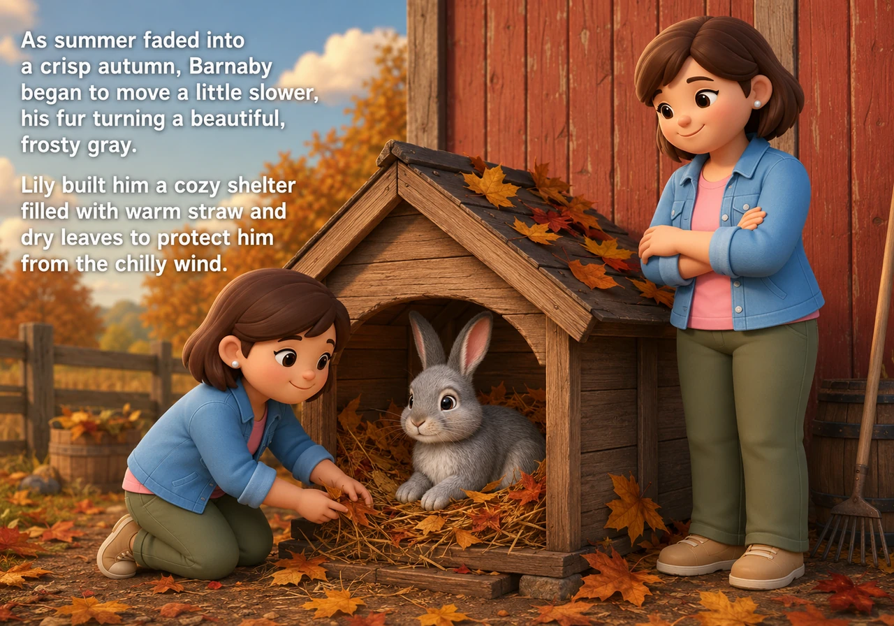 As summer faded into a crisp autumn, Barnaby began to move a little slower, his fur turning a beautiful, frosty gray. Lily built him a cozy shelter fi