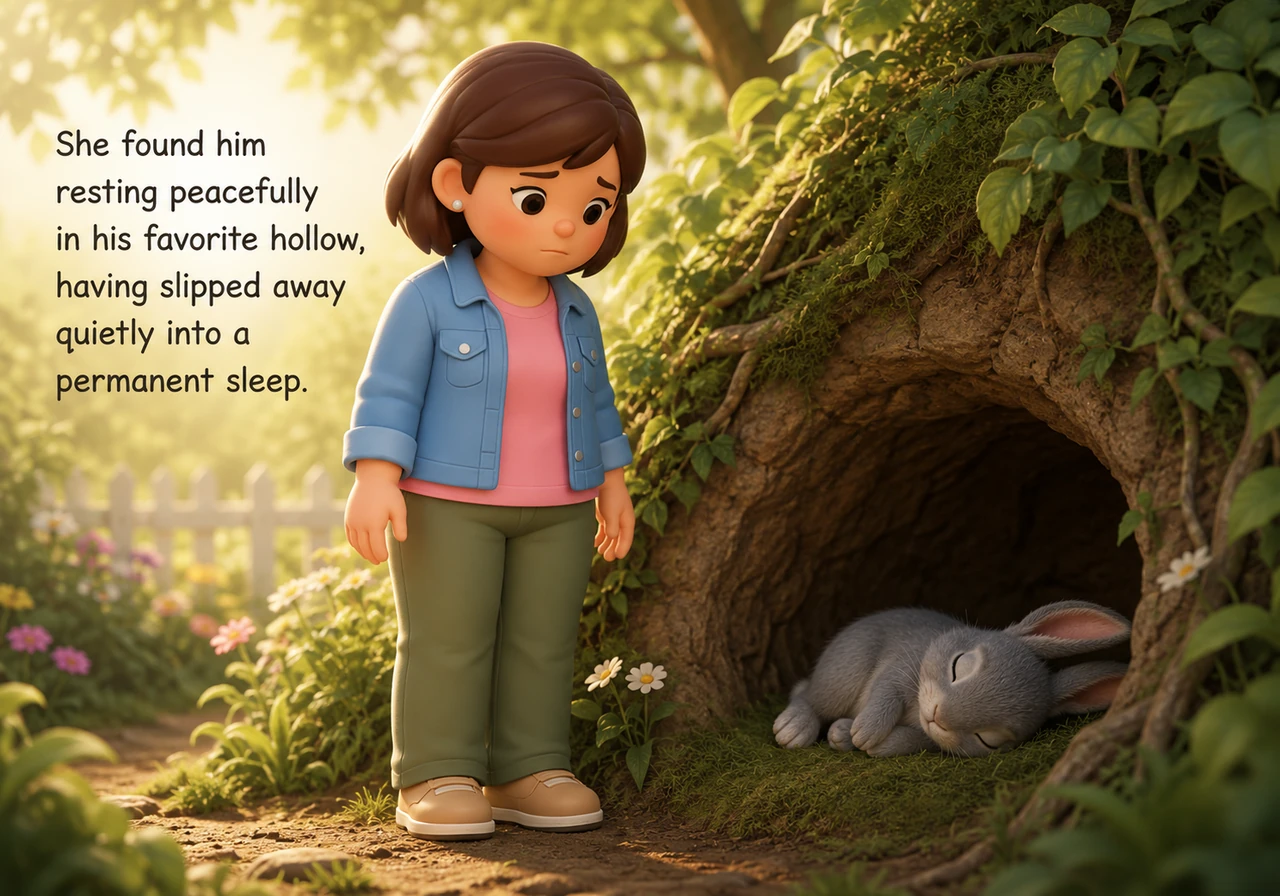 One quiet morning, Lily went out to greet Barnaby, but he didn't hop out to meet her. She found him resting peacefully in his favorite hollow, having