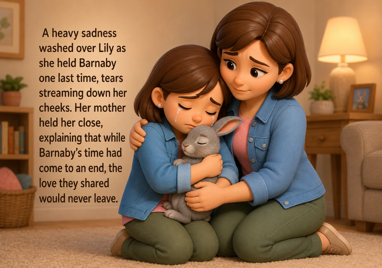 A heavy sadness washed over Lily as she held Barnaby one last time, tears streaming down her cheeks. Her mother held her close, explaining that while