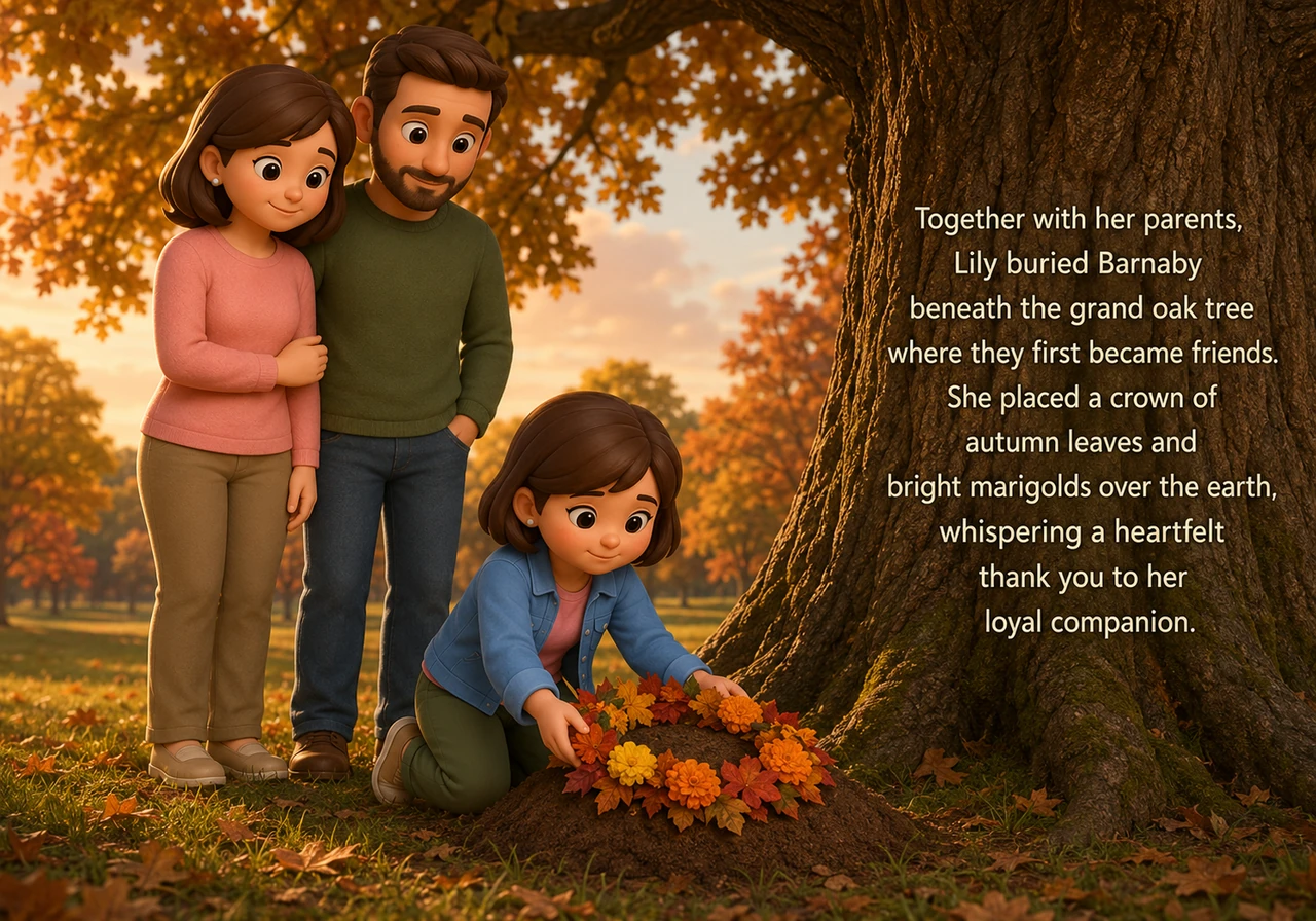 Together with her parents, Lily buried Barnaby beneath the grand oak tree where they first became friends. She placed a crown of autumn leaves and bri