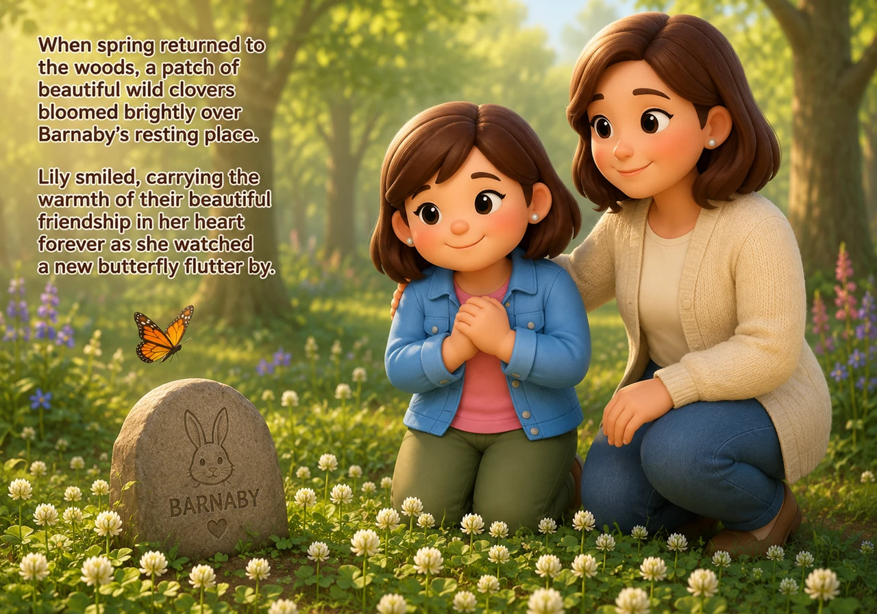When spring returned to the woods, a patch of beautiful wild clovers bloomed brightly over Barnaby's resting place. Lily smiled, carrying the warmth o