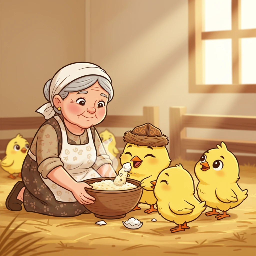 Көп ұзамай, мейірімді фермер әжей Балапан мен оның бауырларына алғашқы тамағын әкелді. Ол жылы, жұмсақ тары ботқасы мен ақ ірімшік еді. Балапан кішкентай тұмсығымен дәмді тағамды ықыласпен жей бастады.