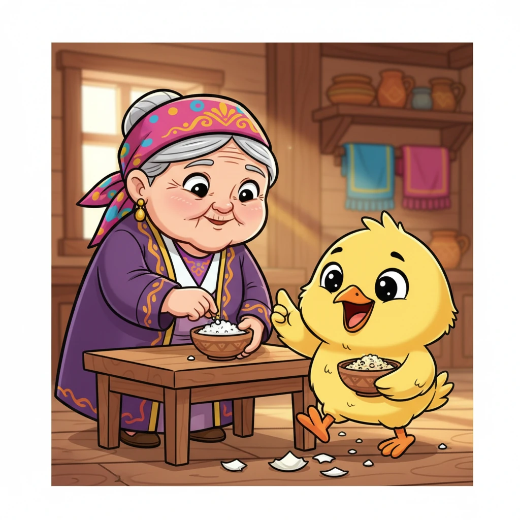 Келесі күндері әжей олардың тағамына ұсақталған жұмыртқа қабығын қосты. Бұл сүйектерінің мықты болуына көмектесетінін түсінді. Балапан қабықтарды шайнап, өзін одан да күшті сезінді.