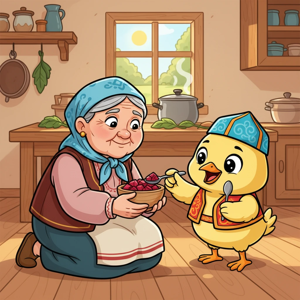 Үш күн өткен соң, Балапан біраз өсіп, жаңа дәмдерге дайын болды. Әжей оларға жаңа піскен, жұмсақ қызылшаның кішкентай кесектерін берді. Қызылшаның қызыл түсі Балапанға ерекше ұнады.