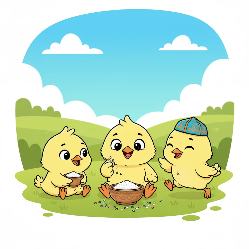 Достарымен бірге Балапан енді ұсақталған дәндерді де жей бастады. Олар бірге жиналып, әр дәмді түйірді бөлісіп, мәз-мейрам болды. Әр тамақтану – кішкентай мереке сияқты еді.