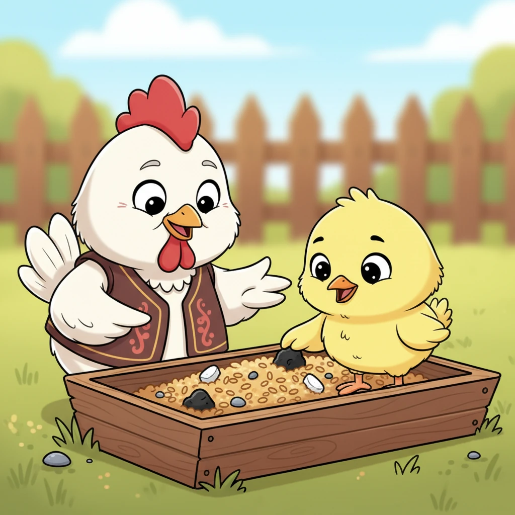 Бір күні Балапан жем астауында бордың, көмірдің және кішкентай тастардың жатқанын байқады. Әжей бұлардың ас қорытуға және сүйектерді қатайтуға көмектесетінін айтты. Балапан қызығушылықпен оларды шоқып көрді.