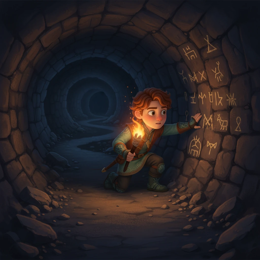 Forçado a descer, Kael se aventura por um túnel escuro e sinuoso. A luz fraca de uma tocha improvisada ilumina as paredes rochosas, revelando símbolos antigos e esquecidos. Ele veste roupas simples da superfície, mas uma determinação crescente começa a brilhar em seus olhos.