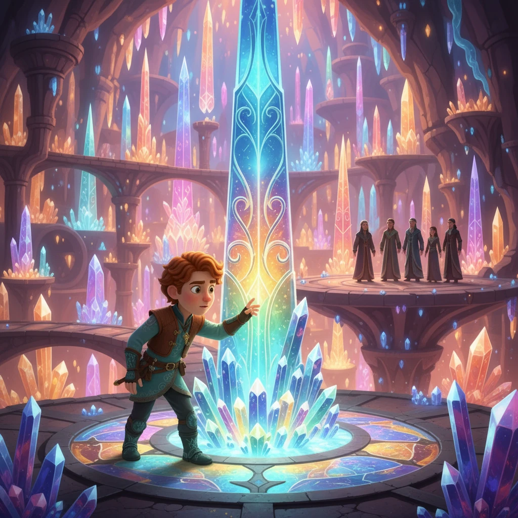 Kael emerge em uma cidade subterrânea deslumbrante, feita de cristais luminosos que emitem um brilho suave e colorido. Estruturas grandiosas se erguem ao seu redor, e figuras com vestes elaboradas e traços distintos o observam com admiração e expectativa. Um conselho de anciãos, com expressões sábias e solenes, o aguarda no centro da cidade.