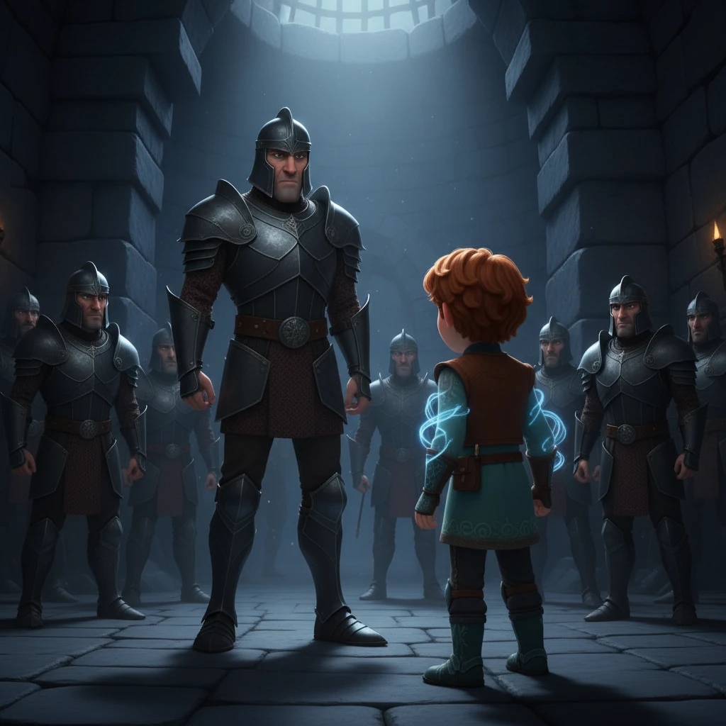 Em um confronto tenso, Kael é confrontado por um general sombrio, com armadura escura e um olhar de desprezo. O general está cercado por seus seguidores, e a atmosfera é carregada de desconfiança e ameaça. Kael, embora hesitante, começa a sentir uma energia ancestral pulsando em suas veias.